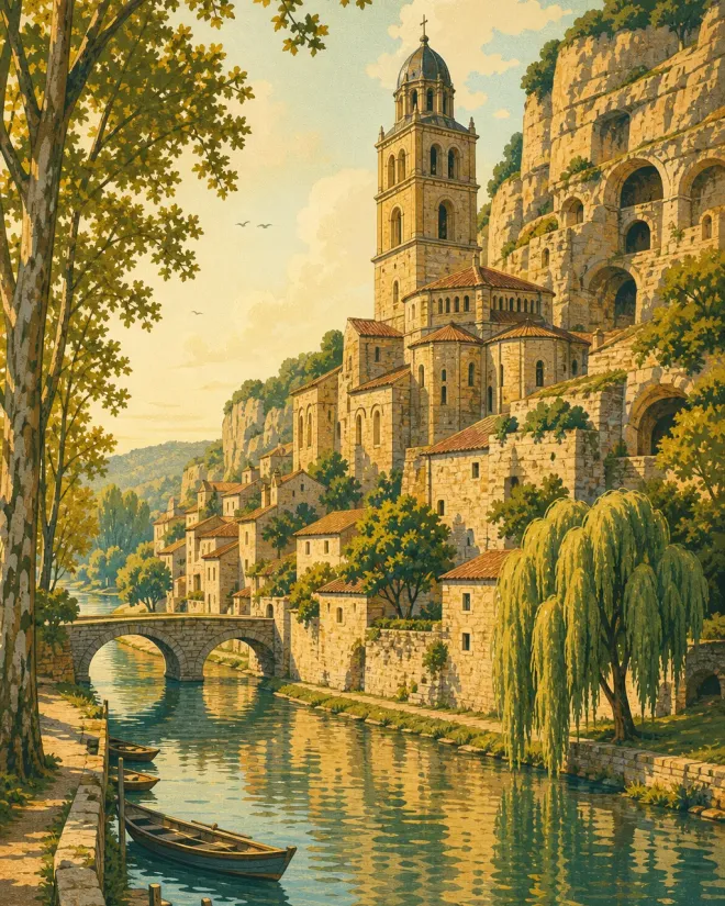 The abbey bell tower rising over the river Dronne at Brantôme with stone houses along the water