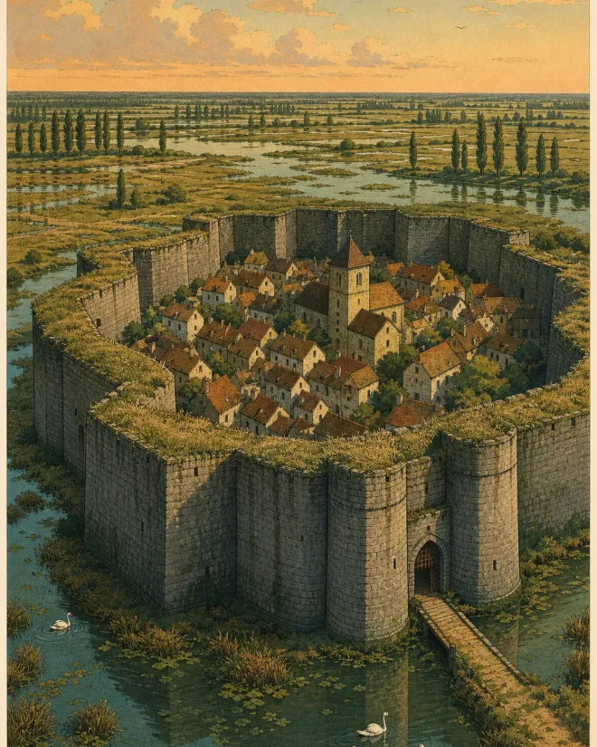 The stone ramparts of Brouage rising above flat marshland under a wide sky