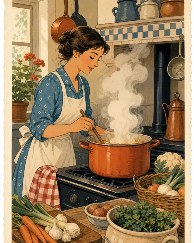 Postcard-style illustration of a steaming pot on a home stove with fresh vegetables and a handwritten menu card